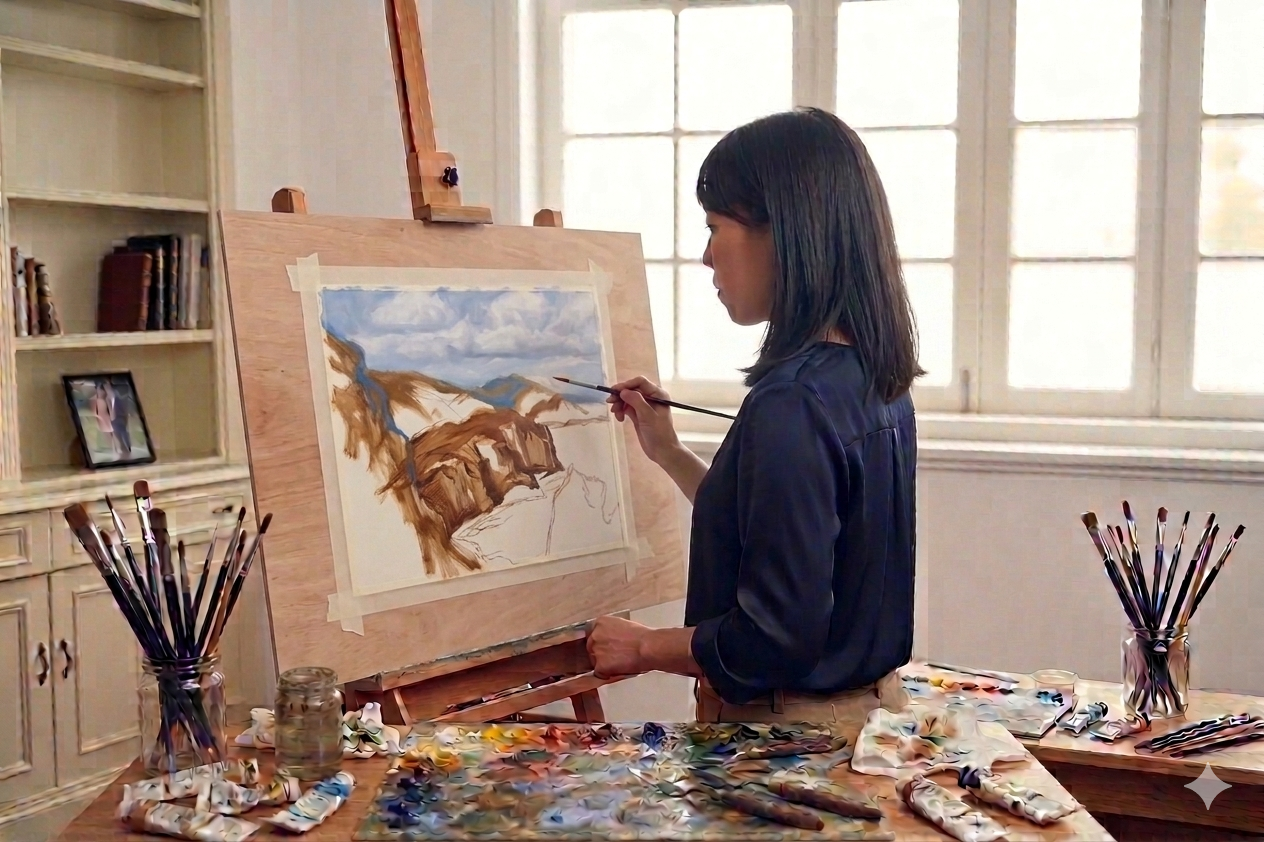 Susana Li painting in studio